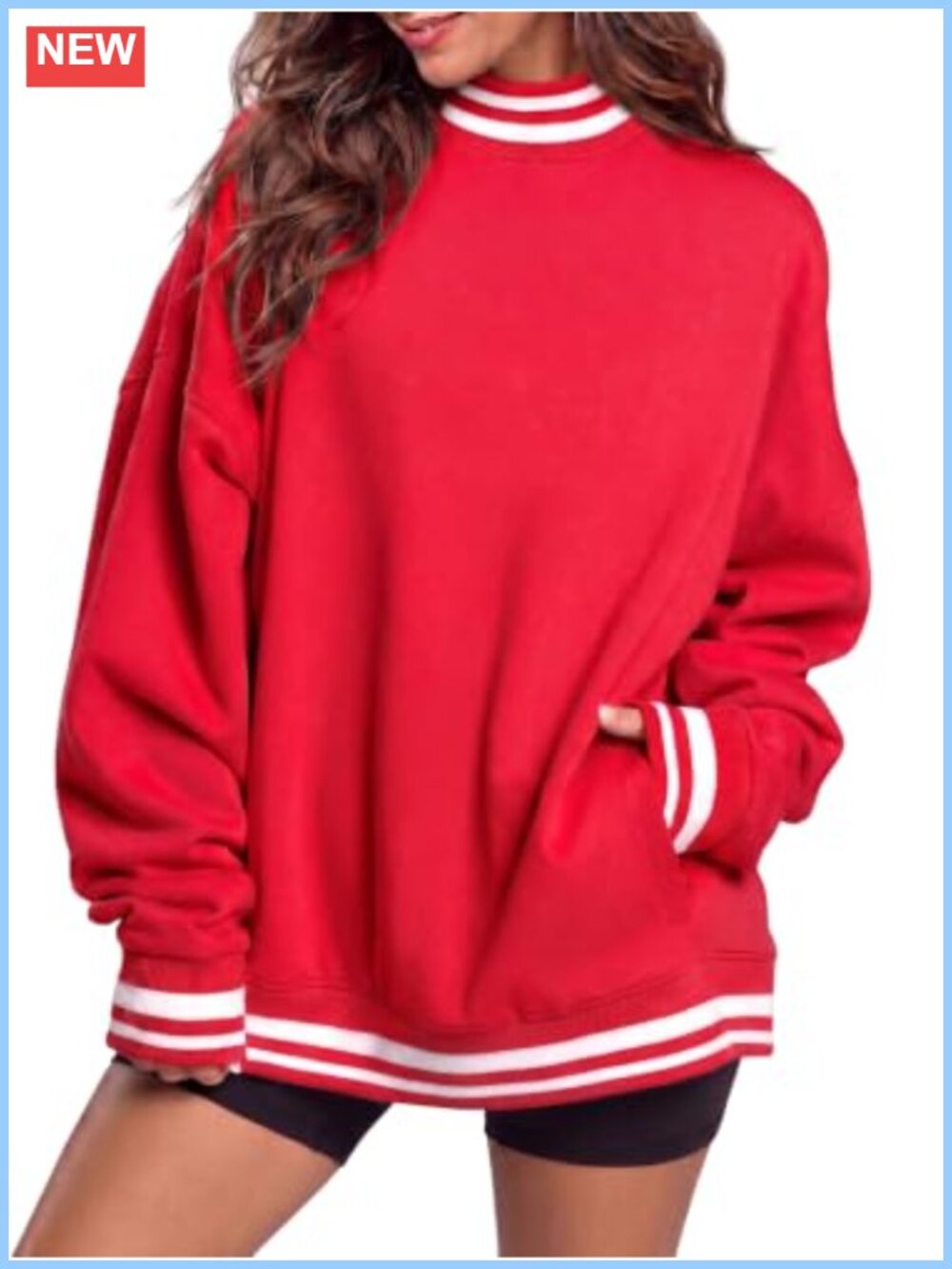 Oversized Mock Neck Striped Pullover Sweatshirt with Pockets